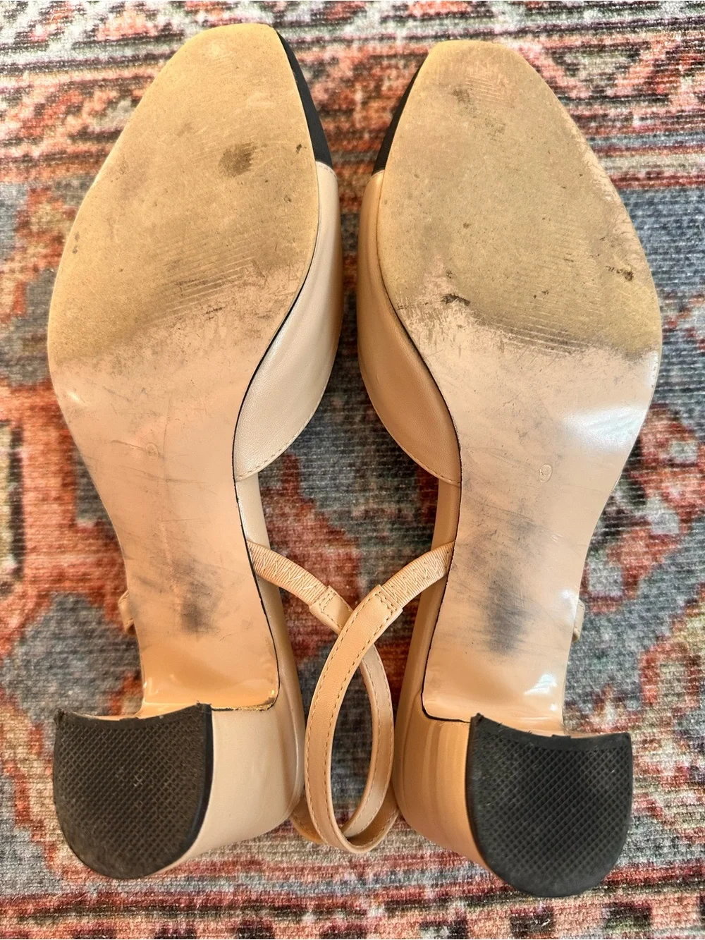 Mira Azzurra Size 9 Nude Black Cap Toe Slingback Block Heel Pumps
